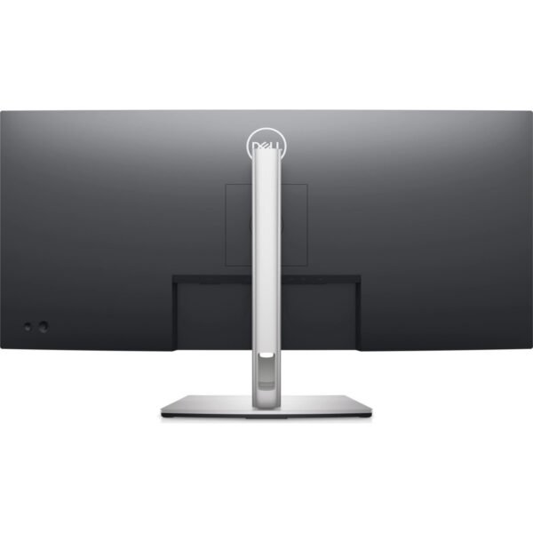 Imagen trasera del Dell P3421W 34” WQHD ultrawide curvo reacondicionado, mostrando sus puertos de conexión, ventilación y diseño profesional de soporte para entornos corporativos. Este monitor dock usado y renovado permite conectar portátil y periféricos mediante su base USB-C integrada, ofreciendo un espacio de trabajo ordenado y eficiente. Revisado y testado para garantizar fiabilidad y rendimiento estable. Disponible en JANSit.es.