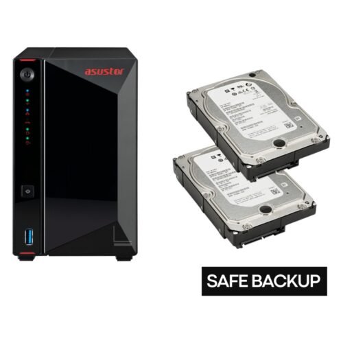 Imagen del NAS reacondicionado AS5202T equipado con 2 discos duros de 6TB, una solución ideal para almacenamiento en red, copias de seguridad y gestión de archivos en entornos domésticos o profesionales. Equipo revisado y preparado para un funcionamiento fiable, disponible en JANSit.es con garantía.