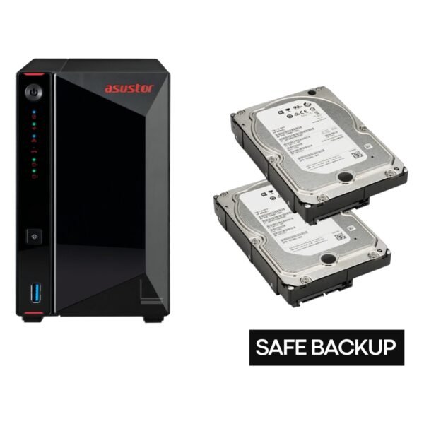 Imagen del NAS reacondicionado AS5202T equipado con 2 discos duros de 6TB, una solución ideal para almacenamiento en red, copias de seguridad y gestión de archivos en entornos domésticos o profesionales. Equipo revisado y preparado para un funcionamiento fiable, disponible en JANSit.es con garantía.