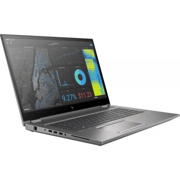 Vista lateral de la HP ZBook 17 G7 Fury reacondicionada con gráfica RTX 5000 Max-Q, donde se aprecia su estructura sólida, el diseño profesional y la disposición de los puertos de conexión. Un portátil de alto rendimiento renovado y preparado para entornos de trabajo exigentes, disponible en JANSit.es.