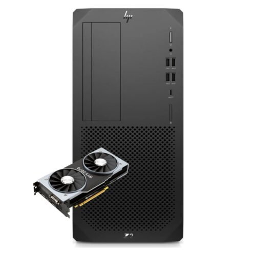 Imagen de la workstation reacondicionada HP Z2 G5 equipada con tarjeta gráfica RTX 2070, diseñada para tareas profesionales de alto rendimiento como diseño 3D, renderizado, ingeniería y edición de vídeo. Equipo usado, revisado y renovado para ofrecer potencia y fiabilidad, disponible en JANSit.es con garantía profesional.