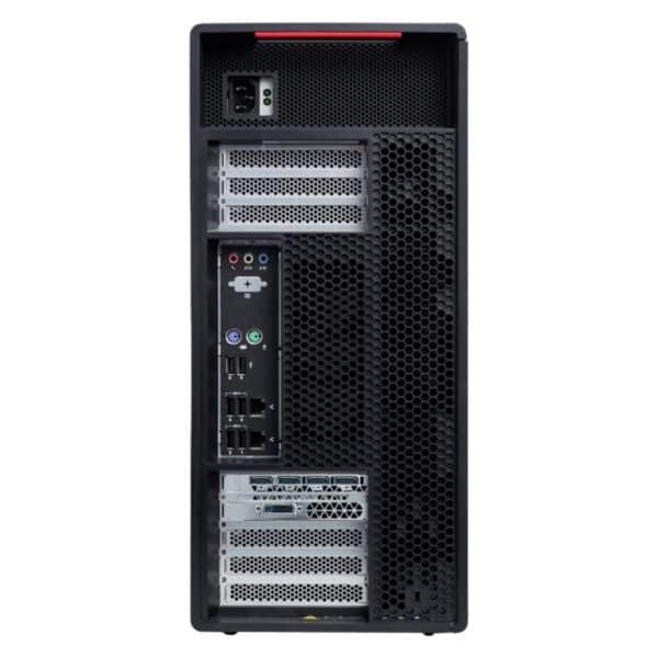 Imagen trasera de la workstation Lenovo ThinkStation P920 con RTX 5070 reacondicionada y usada, mostrando sus múltiples puertos de conexión, ranuras de expansión y diseño preparado para entornos profesionales de alto rendimiento. Disponible en JANSit.es.