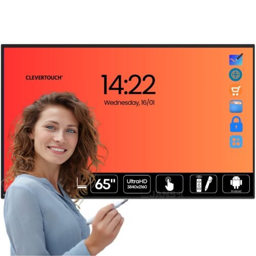 Pantalla interactiva reacondicionada Smart Impact 65 Plus 65” 4K UHD táctil con Android – Imagen principal | JANSit Imagen principal de la pantalla interactiva Smart Impact 65 Plus de 65 pulgadas con resolución 4K UHD y tecnología táctil touch, equipada con sistema Android integrado. Solución ideal para aulas, salas de reuniones y entornos colaborativos, reacondicionada y revisada para garantizar pleno funcionamiento, disponible en JANSit.es.