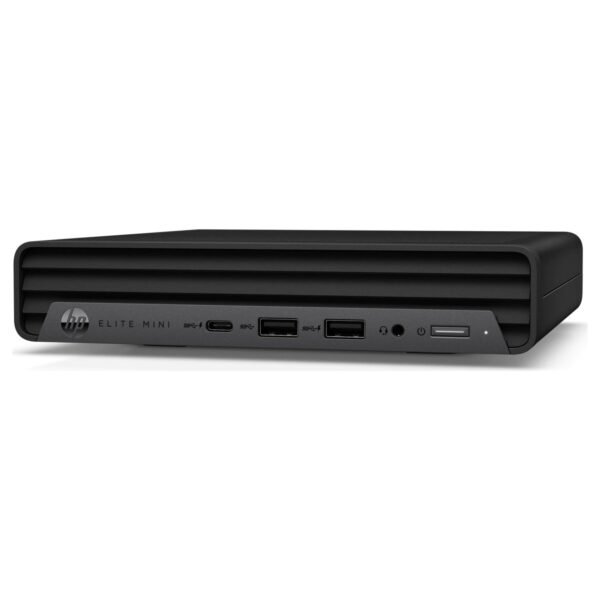 Vista lateral izquierda del mini ordenador HP Elite Mini 800 G9 reacondicionado, donde se aprecia su diseño compacto y los puertos de conexión situados en este lado del equipo. Producto usado, revisado y renovado para garantizar rendimiento fiable en entornos profesionales, disponible en JANSit.es.