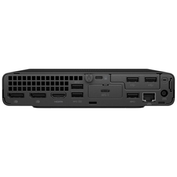 Imagen trasera del mini ordenador HP Elite Mini 800 G9 reacondicionado, donde se aprecian las conexiones disponibles y el diseño compacto del chasis. Producto usado, revisado y renovado para ofrecer fiabilidad y rendimiento óptimo en entornos profesionales, disponible en JANSit.es.