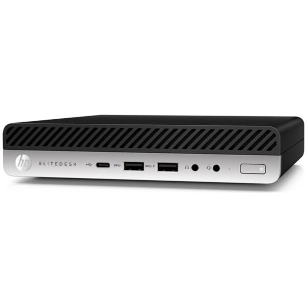 Vista lateral derecha del mini ordenador HP ProDesk 600 G5 Mini reacondicionado, donde se aprecia el diseño compacto del chasis y los puertos de conexión disponibles en este lado. Producto usado, revisado y renovado para garantizar rendimiento fiable en entornos profesionales, disponible en JANSit.es.