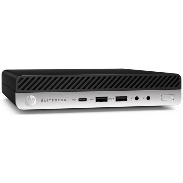 Vista lateral izquierda del mini ordenador HP ProDesk 600 G5 Mini reacondicionado, donde se aprecia su diseño compacto y los puertos disponibles en este lado del equipo. Producto usado, revisado y renovado para garantizar rendimiento fiable en entornos profesionales, disponible en JANSit.es.