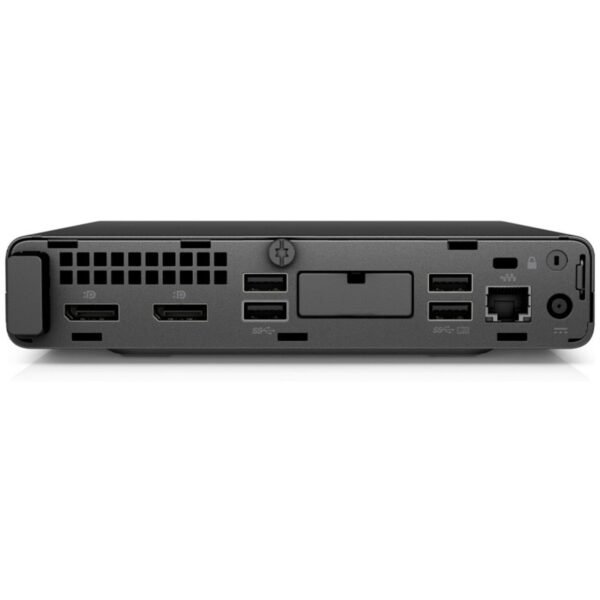 Imagen trasera del mini ordenador HP ProDesk 600 G5 Mini reacondicionado, donde se aprecian las conexiones disponibles y el diseño compacto del chasis. Producto usado, revisado y renovado para garantizar rendimiento fiable y estabilidad en entornos profesionales, disponible en JANSit.es.