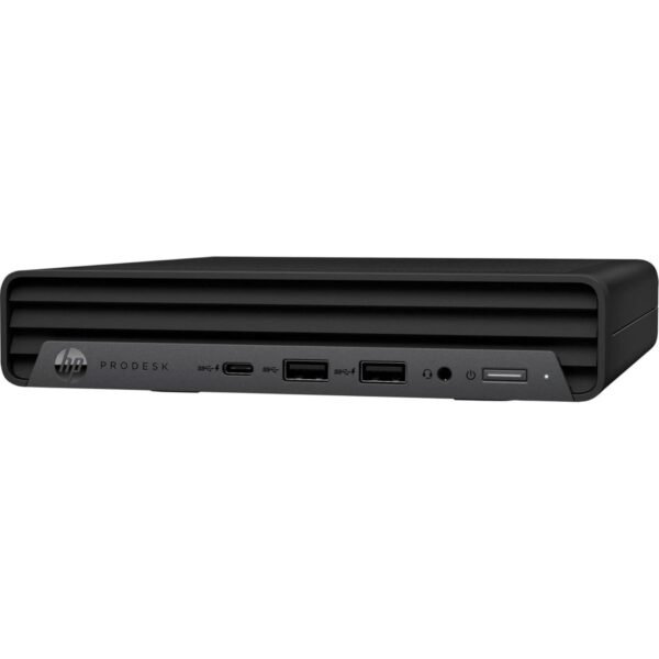 Vista lateral izquierda del ordenador HP ProDesk 600 G6 Mini reacondicionado, mostrando su diseño compacto y los puertos disponibles en este lado del equipo. Producto usado, revisado y renovado para garantizar fiabilidad y rendimiento en entornos de oficina, disponible en JANSit.es.