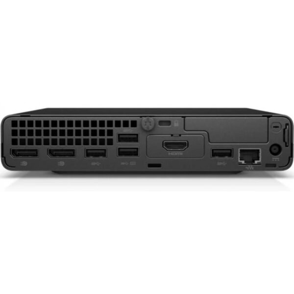 Imagen trasera del ordenador HP ProDesk 600 G6 Mini reacondicionado, donde se aprecian las conexiones disponibles y el diseño compacto del chasis. Equipo usado, revisado y renovado para ofrecer fiabilidad y rendimiento en entornos profesionales, disponible en JANSit.es.