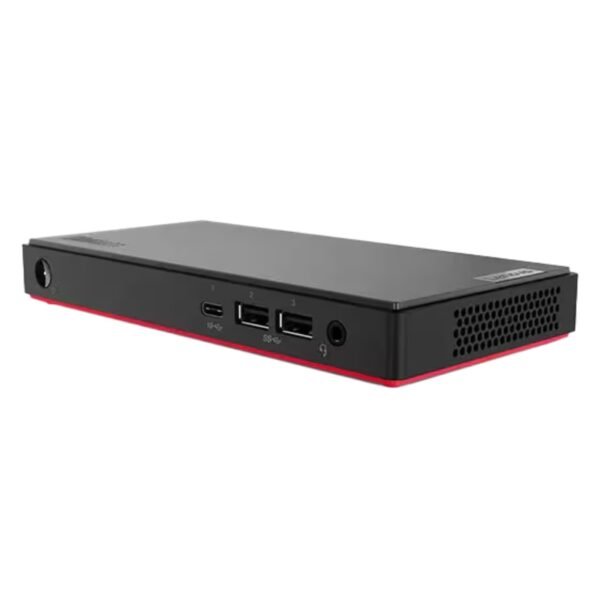 Vista lateral izquierda del ordenador Lenovo ThinkCentre M90n Nano reacondicionado, mostrando su diseño ultra compacto y los puertos de conexión disponibles en este lado del equipo. Producto usado, revisado y renovado para garantizar fiabilidad y rendimiento en entornos profesionales, disponible en JANSit.es.