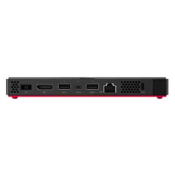 Imagen trasera del ordenador Lenovo ThinkCentre M90n Nano reacondicionado, donde se aprecian las conexiones disponibles y el diseño compacto del chasis. Equipo usado, revisado y renovado para ofrecer fiabilidad y rendimiento óptimo en entornos profesionales, disponible en JANSit.es.