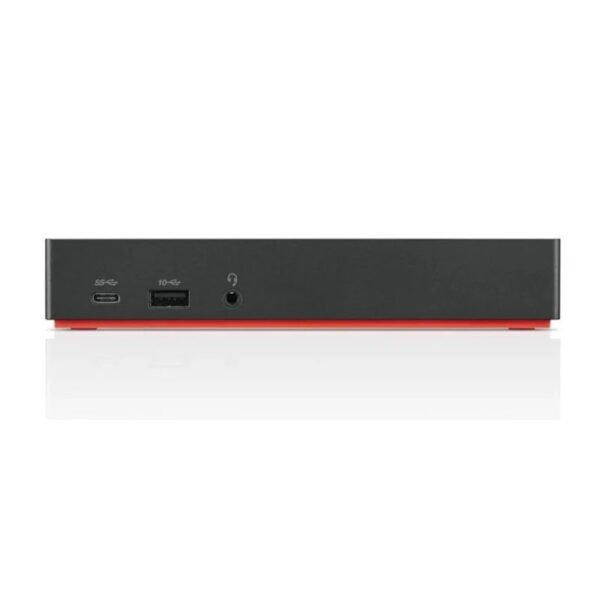 Vista frontal de la estación de acoplamiento Lenovo ThinkPad USB-C Dock Gen 2, donde se aprecian los puertos de acceso rápido diseñados para conectar periféricos de forma cómoda. Una base de conexión ideal para ampliar las capacidades del portátil y mejorar la productividad en el puesto de trabajo, disponible en JANSit.es.
