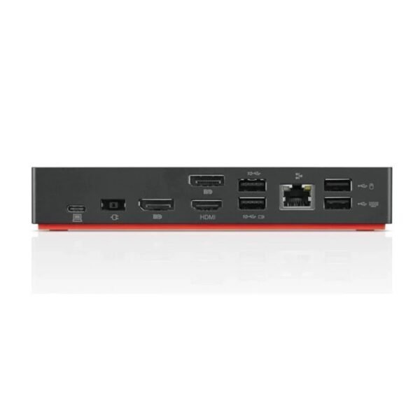Imagen trasera de la estación de acoplamiento Lenovo ThinkPad USB-C Dock Gen 2, donde se muestran los distintos puertos de conexión para monitores, red, USB y otros periféricos. Una solución práctica para ampliar la conectividad del portátil y crear un espacio de trabajo más organizado, disponible en JANSit.es.