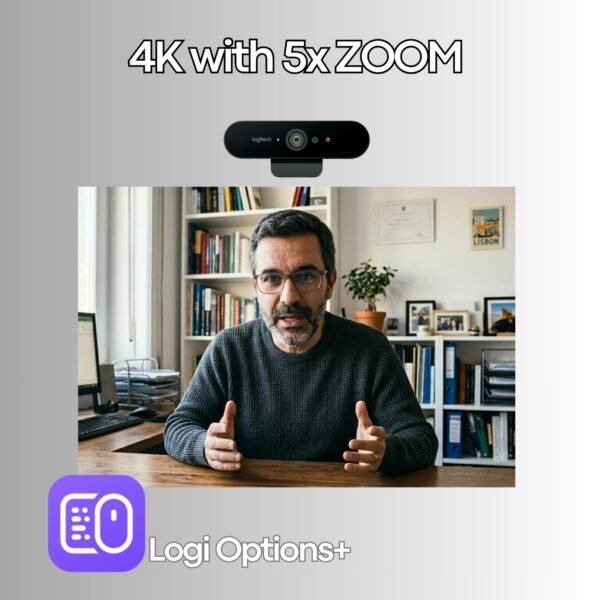 Imagen de la webcam Logitech Brio 4K reacondicionada destacando sus funciones avanzadas, como realce de resolución, zoom digital y compatibilidad con el software Logi Options+ para control de ajustes de imagen y personalización. Ideal para videoconferencias profesionales y streaming, asegurando calidad de imagen superior y versatilidad en la configuración. Producto revisado y reacondicionado, disponible en JANSit.es.