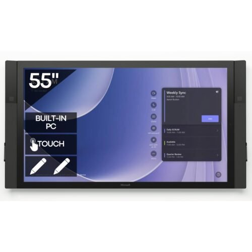Pantalla interactiva profesional reacondicionada Microsoft Surface Hub 55 – Usada | Imagen principal | JANSit Imagen principal de la pantalla interactiva profesional Microsoft Surface Hub de 55 pulgadas reacondicionada, diseñada para salas de reuniones, entornos educativos y espacios colaborativos. Un equipo avanzado para presentaciones, videoconferencias y trabajo en equipo, usado y revisado para garantizar funcionamiento fiable, disponible en JANSit.es.