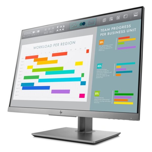 Vista lateral del monitor HP EliteDisplay E243i de 24 pulgadas reacondicionado, donde se aprecia el perfil del panel y el diseño del soporte ergonómico pensado para mejorar la comodidad en el uso diario. Producto usado, revisado y renovado para garantizar rendimiento fiable en entornos profesionales, disponible en JANSit.es.