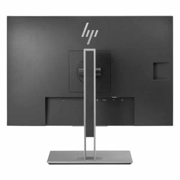 Imagen trasera del monitor HP EliteDisplay E243i de 24 pulgadas reacondicionado, donde se aprecian las conexiones disponibles y el diseño del soporte ergonómico. Producto usado, revisado y renovado para garantizar rendimiento fiable y uso profesional continuo, disponible en JANSit.es.