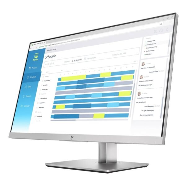 Vista lateral derecha del monitor HP EliteDisplay E273d reacondicionado, donde se aprecia el diseño delgado del panel y el soporte ergonómico ajustable. Producto usado, revisado y renovado para garantizar rendimiento fiable y comodidad en entornos profesionales, disponible en JANSit.es.