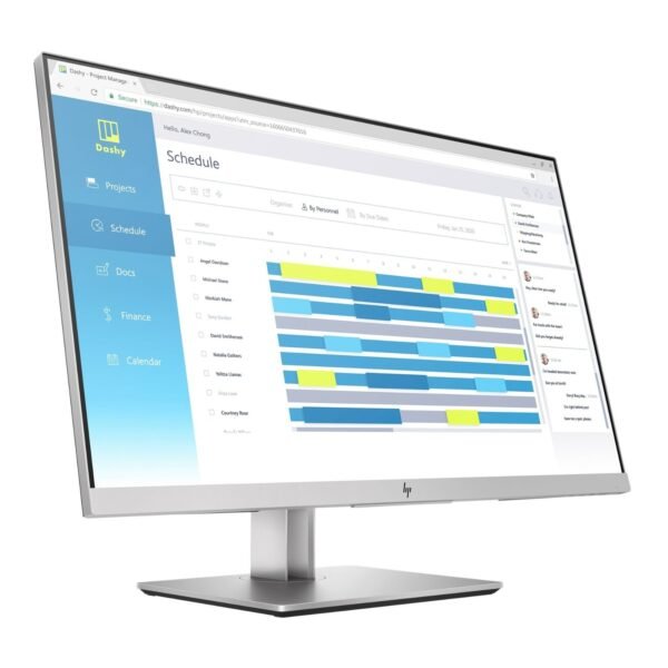 Vista lateral izquierda del monitor HP EliteDisplay E273d reacondicionado, donde se aprecia el perfil delgado del panel y el diseño del soporte ergonómico. Producto usado, revisado y renovado para garantizar rendimiento fiable y comodidad en entornos profesionales, disponible en JANSit.es.