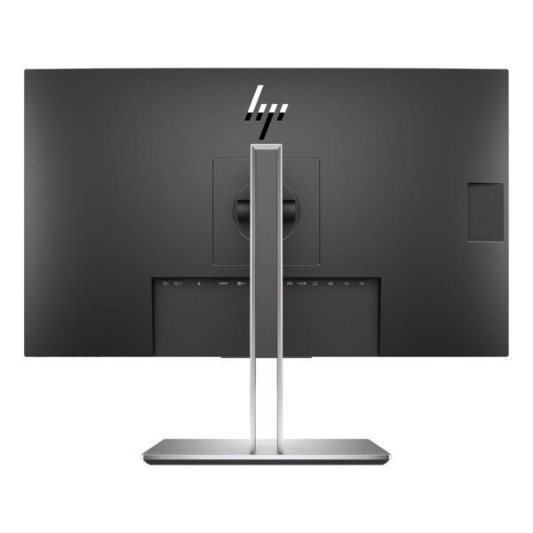 Imagen trasera del monitor HP EliteDisplay E273d reacondicionado, donde se aprecian las conexiones avanzadas, incluyendo puertos para docking y conectividad múltiple, así como el diseño del soporte ergonómico. Producto usado, revisado y renovado para garantizar rendimiento fiable y eficiencia en entornos profesionales, disponible en JANSit.es.