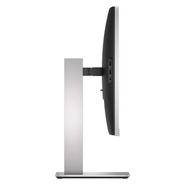Vista lateral derecha del monitor HP EliteDisplay E273d reacondicionado, donde se aprecia el perfil delgado del panel y el diseño del soporte ergonómico ajustable. Producto usado, revisado y renovado para garantizar rendimiento fiable y comodidad en entornos profesionales, disponible en JANSit.es.