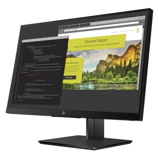 Vista lateral izquierda del monitor HP ZDisplay Z24nf G2 reacondicionado, donde se aprecia su diseño delgado y el soporte ergonómico pensado para mejorar la comodidad en el uso diario. Producto usado, revisado y renovado para garantizar rendimiento fiable en entornos profesionales, disponible en JANSit.es.