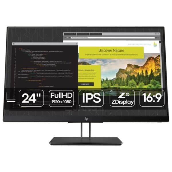Imagen principal del monitor HP ZDisplay Z24nf G2 reacondicionado, un monitor profesional de 24 pulgadas diseñado para ofrecer excelente calidad de imagen y comodidad visual en entornos de trabajo. Producto usado, revisado y renovado para garantizar rendimiento fiable y uso continuo en oficina, disponible en JANSit.es.