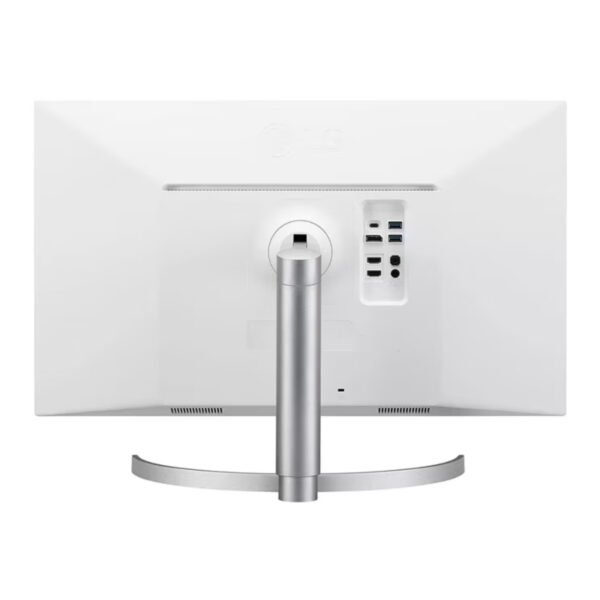 Monitor reacondicionado LG 27UL850-W 4K UHD – Vista trasera | JANSit Imagen trasera del monitor LG 27UL850-W con resolución 4K UHD, donde se aprecian las conexiones disponibles y el diseño limpio del soporte. Monitor reacondicionado, usado y renovado, revisado para ofrecer rendimiento fiable y excelente calidad de imagen, disponible en JANSit.es.