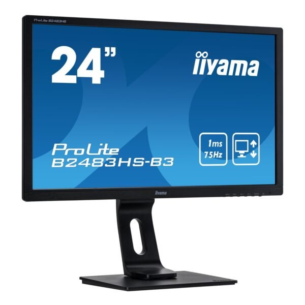 Vista lateral derecha del monitor iiyama ProLite B2483HS reacondicionado, donde se aprecia el perfil del panel y el diseño del soporte pensado para estabilidad y uso continuo en entornos profesionales. Producto usado, revisado y renovado para garantizar funcionamiento fiable, disponible en JANSit.es.