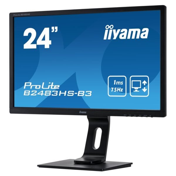 Vista lateral izquierda del monitor iiyama ProLite B2483HS reacondicionado, mostrando el perfil del panel y la estructura del soporte diseñada para ofrecer estabilidad y comodidad en el uso diario. Producto usado, revisado y renovado para garantizar rendimiento fiable en entornos profesionales, disponible en JANSit.es.