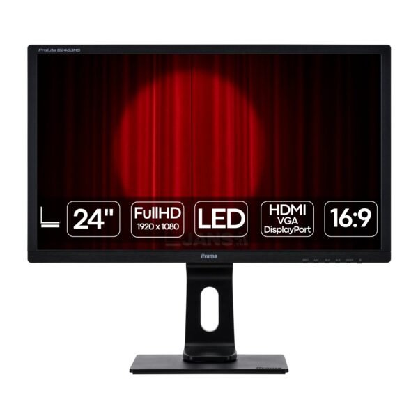 Imagen principal del monitor iiyama ProLite B2483HS reacondicionado, un monitor fiable y funcional diseñado para entornos de oficina y uso profesional diario. Producto usado, revisado y renovado para garantizar rendimiento estable y buena calidad de imagen, disponible en JANSit.es.