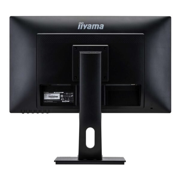 Imagen trasera del monitor iiyama ProLite B2483HS reacondicionado, donde se aprecian las conexiones disponibles y el diseño del soporte pensado para uso profesional. Producto usado, revisado y renovado para garantizar rendimiento estable y fiabilidad en entornos de oficina, disponible en JANSit.es.