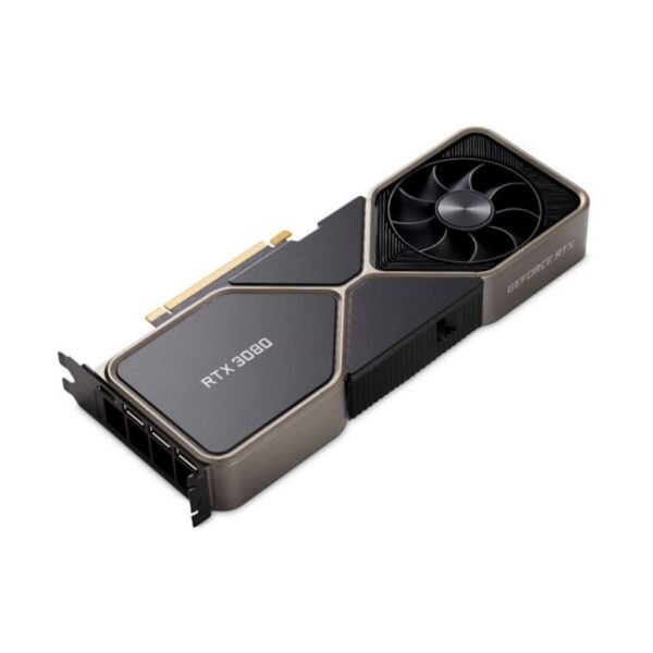 Vista lateral de la tarjeta gráfica NVIDIA GeForce RTX 3080, donde se aprecia el diseño del sistema de refrigeración y la estructura del disipador. GPU de alto rendimiento para gaming avanzado y creación de contenido, usada y renovada, revisada para garantizar funcionamiento fiable, disponible en JANSit.es.