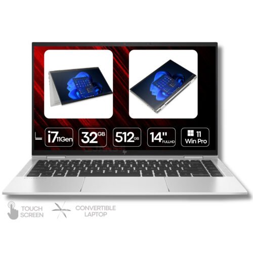 Imagen principal del portátil HP EliteBook 1040 G8 x360 reacondicionado, equipado con procesador Intel Core i7, 32GB de memoria RAM y 512GB de almacenamiento SSD. Un equipo híbrido con pantalla táctil de 14 pulgadas y bisagra de 360 grados, ideal para entornos profesionales que requieren alto rendimiento, movilidad y versatilidad. Producto usado, revisado y renovado para garantizar funcionamiento fiable, disponible en JANSit.es.