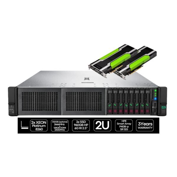 Imagen principal del servidor HPE ProLiant DL380 Gen10 reacondicionado, equipado con doble procesador Intel Xeon 8260 y GPU NVIDIA Tesla P1000, diseñado para entornos profesionales que requieren alto rendimiento en virtualización, procesamiento de datos y tareas técnicas. Equipo usado, revisado y renovado para garantizar fiabilidad y estabilidad en funcionamiento continuo, disponible en JANSit.es.
