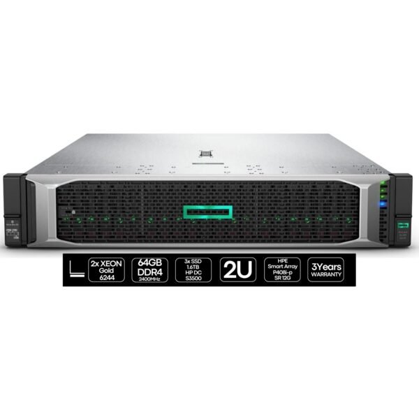 Imagen del servidor HP ProLiant DL380 Gen10 reacondicionado con procesador 6244, una solución de alto rendimiento diseñada para centros de datos y entornos empresariales que requieren potencia, escalabilidad y fiabilidad. Equipo usado, revisado y renovado para garantizar un funcionamiento óptimo, disponible en JANSit.es.