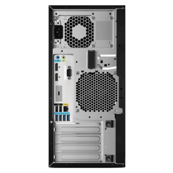 Imagen trasera de la workstation HP Z2 G4 reacondicionada, donde se aprecian las conexiones disponibles, puertos de expansión y el diseño del sistema de ventilación. Equipo usado, revisado y renovado para garantizar rendimiento fiable en entornos profesionales exigentes, disponible en JANSit.es.
