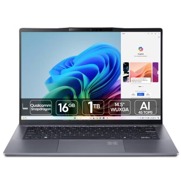 Imagen principal del portátil Acer Swift Go 14 equipado con procesador Snapdragon X Plus, 16GB de memoria RAM y 1TB de almacenamiento SSD. Un equipo moderno con capacidades de inteligencia artificial, diseñado para ofrecer alto rendimiento, eficiencia energética y gran portabilidad. Ideal para productividad, multitarea y uso profesional, disponible en JANSit.es.