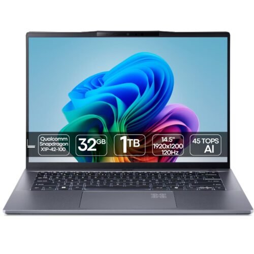 Portátil Acer Swift Go 14 con Snapdragon X Plus, 32GB RAM y 1TB SSD – Imagen principal | JANSit Imagen principal del portátil Acer Swift Go 14 equipado con procesador Snapdragon X Plus, 32GB de memoria RAM y 1TB de almacenamiento SSD. Un equipo ligero y potente pensado para productividad, movilidad y trabajo profesional con alta eficiencia energética, disponible en JANSit.es.