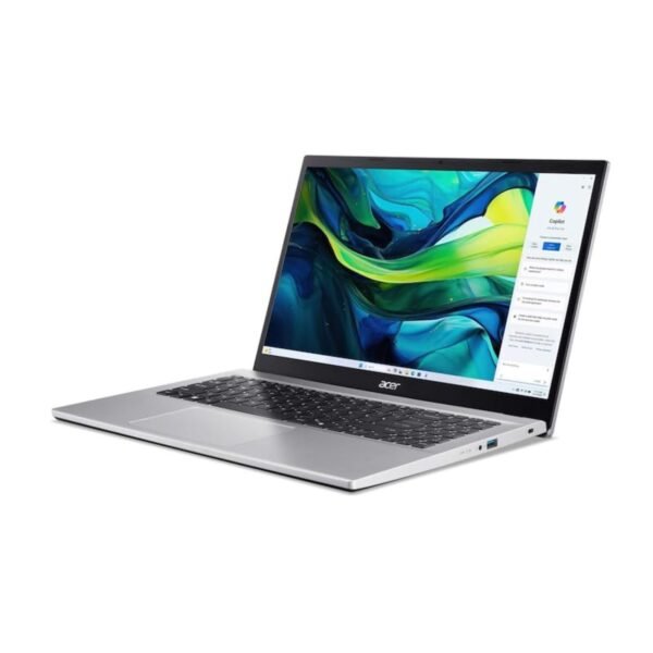 Vista lateral del portátil Acer Aspire AG15-42P nuevo con caja abierta, donde se aprecia el diseño del chasis y los puertos de conexión. Equipo recién desempaquetado, listo para ofrecer rendimiento fiable en tareas diarias, multimedia y productividad, disponible en JANSit.es.