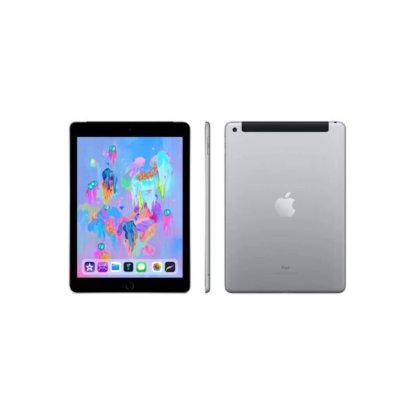 Conjunto de imágenes del iPad 6ª generación de 9,7 pulgadas reacondicionado, mostrando: Vista frontal: Pantalla nítida y diseño elegante del dispositivo. Vista de perfil: Perfil delgado y ligero, ideal para portabilidad. Vista trasera: Color gris sideral y acabado metálico, con logotipo Apple visible. Tablet reacondicionada con conectividad Wi-Fi y LTE, revisada para garantizar rendimiento fiable en productividad, entretenimiento y tareas multimedia, disponible en JANSit.es.