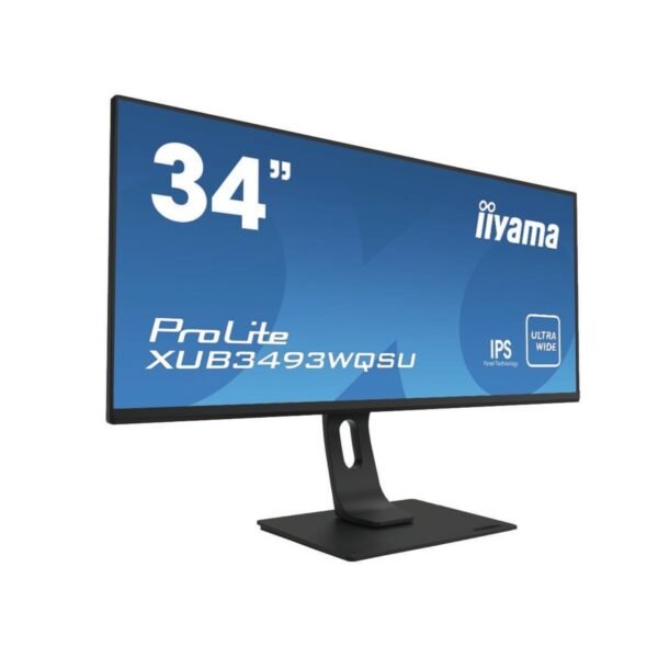 Monitor reacondicionado iiyama ProLite XUB3493WQSU de 34” UWQHD IPS – Vista lateral | JANSit Vista lateral del monitor iiyama ProLite XUB3493WQSU de 34 pulgadas con resolución UWQHD y panel IPS, donde se aprecia su perfil ultrapanorámico y el diseño del soporte ajustable. Monitor reacondicionado, revisado y listo para ofrecer una experiencia visual amplia y cómoda en entornos profesionales, disponible en JANSit.es.