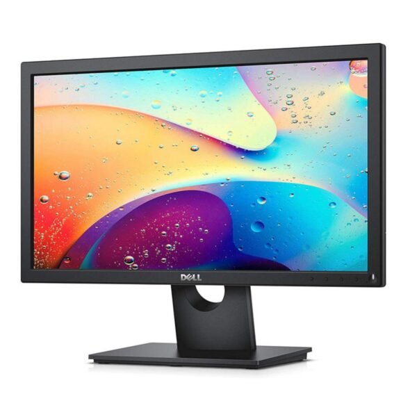 Vista frontal derecha del monitor profesional Dell E2016H de 20 pulgadas, donde se aprecia el diseño del panel y los marcos del equipo pensados para entornos de oficina y trabajo diario. Un monitor fiable y funcional para tareas de productividad, disponible en JANSit.es.