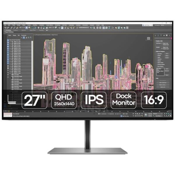 Imagen principal de monitor de 27 pulgadas con resolución QHD y función de docking integrada, ideal para entornos profesionales y estaciones de trabajo modernas. Producto usado y reacondicionado, revisado para garantizar rendimiento fiable, conectividad avanzada y comodidad en el uso diario, disponible en JANSit.es.