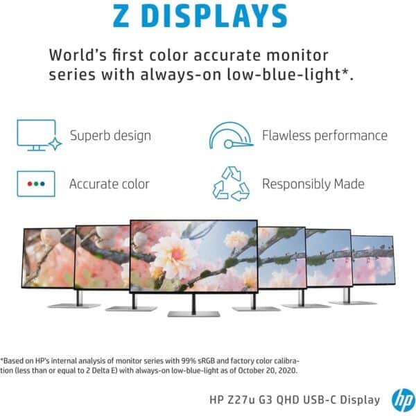 Imagen tipo ficha técnica (datasheet) de un monitor profesional de 27 pulgadas con resolución QHD (2560×1440), mostrando sus principales características como panel IPS, conectividad avanzada y funciones de docking. Este tipo de monitor ofrece alta calidad de imagen, amplios ángulos de visión y opciones de conexión versátiles como USB-C, DisplayPort y HDMI, ideales para entornos profesionales y estaciones de trabajo modernas.