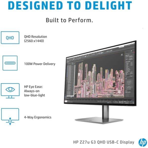 Imagen tipo ficha técnica del monitor profesional de 27 pulgadas con resolución QHD y función de docking integrada, donde se destacan especificaciones clave como calidad de imagen, conectividad avanzada y opciones de ajuste ergonómico. Un monitor pensado para entornos profesionales que requieren eficiencia, orden en el espacio de trabajo y versatilidad de conexiones.