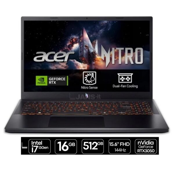 Imagen principal del portátil gaming Acer Nitro ANV15-51 equipado con tarjeta gráfica RTX 3050, diseñado para ofrecer rendimiento sólido en juegos, multitarea y creación de contenido. Un portátil con diseño moderno y sistema de refrigeración optimizado para sesiones intensivas, disponible en JANSit.es.