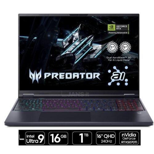 Imagen del portátil Acer Predator Helios Neo equipado con procesador Intel Ultra 9, 16GB de memoria RAM, 1TB de almacenamiento SSD y gráfica RTX 5070 Ti. Un portátil de alto rendimiento diseñado para gaming exigente, creación de contenido y tareas profesionales que requieren gran potencia gráfica, disponible en JANSit.es.