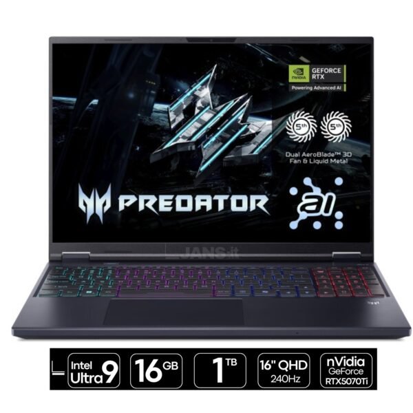 Imagen del portátil Acer Predator Helios Neo equipado con procesador Intel Ultra 9, 16GB de memoria RAM, 1TB de almacenamiento SSD y gráfica RTX 5070 Ti. Un portátil de alto rendimiento diseñado para gaming exigente, creación de contenido y tareas profesionales que requieren gran potencia gráfica, disponible en JANSit.es.